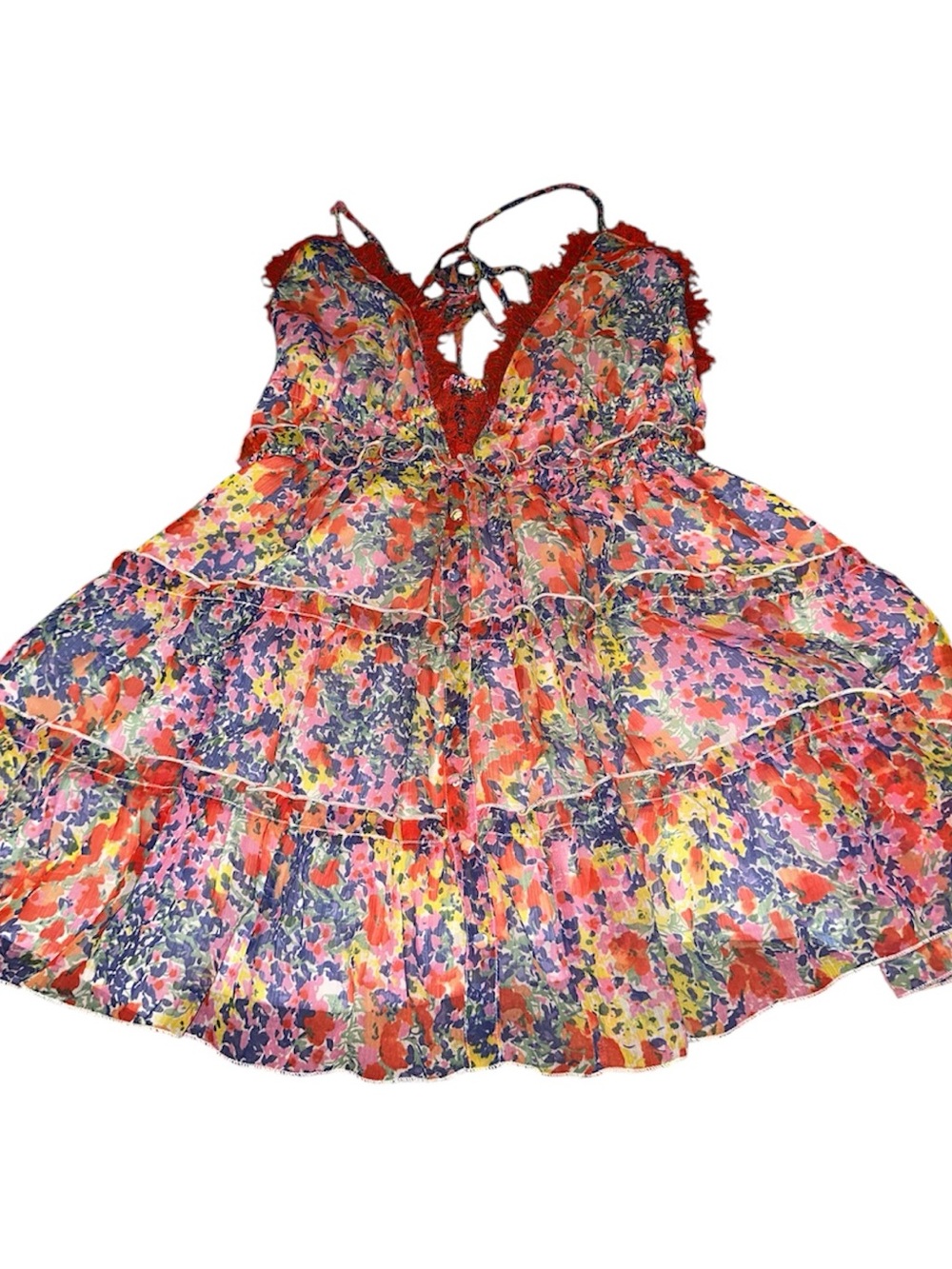 ASOS Multicolor Floral Tiered Mini Dress with Red Lace Trim - Picture 4 of 6